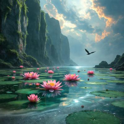 The primary subject of the image is a beautiful scene of a lake with a flock of pink flowers floating on the water. The flowers are scattered throughout the lake, creating a serene and picturesque atmosphere. The setting is a mountainous area, with the mountains visible in the background. The visual style of the image is a combination of photo and digital art, creating a realistic yet artistic representation of the scene. The colors and mood of the image are predominantly pink, which adds a sense of tranquility and